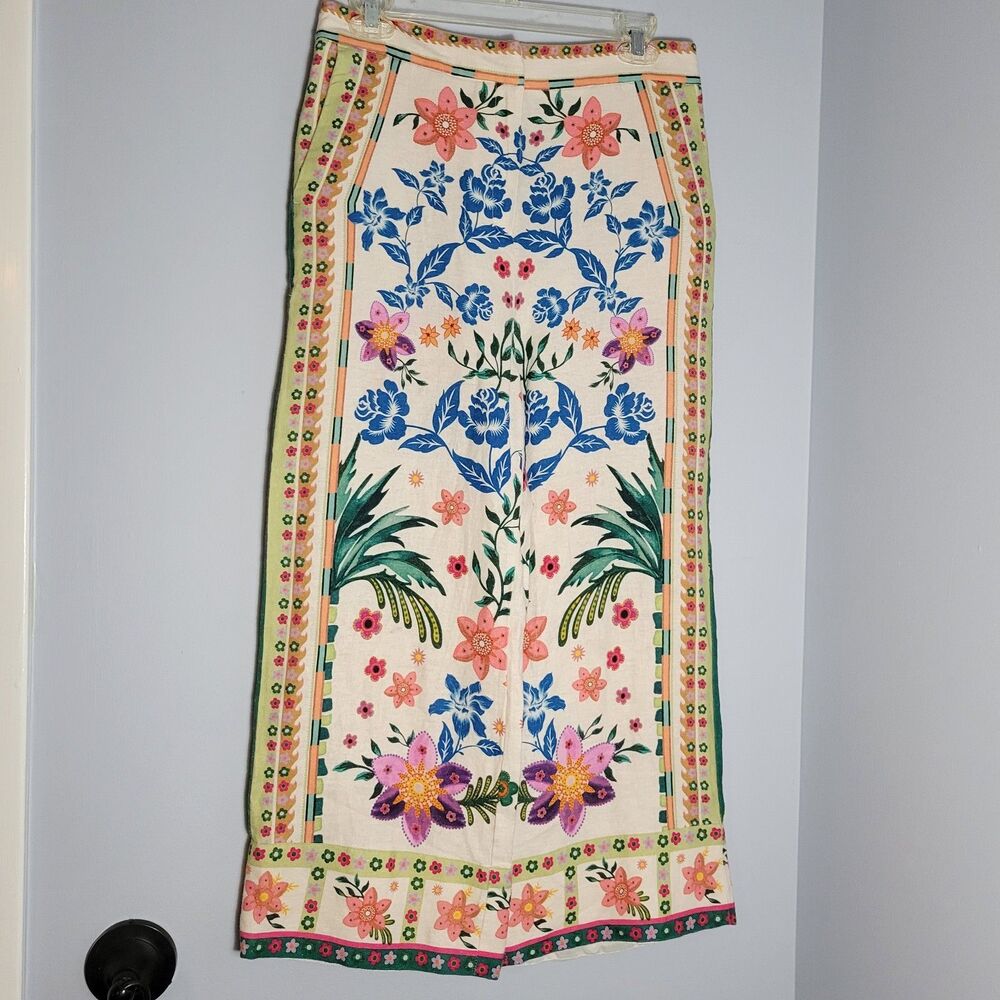 House Of Harlow 1960 Linen Wide-Leg Cropped Trousers Floral Pants Size 4